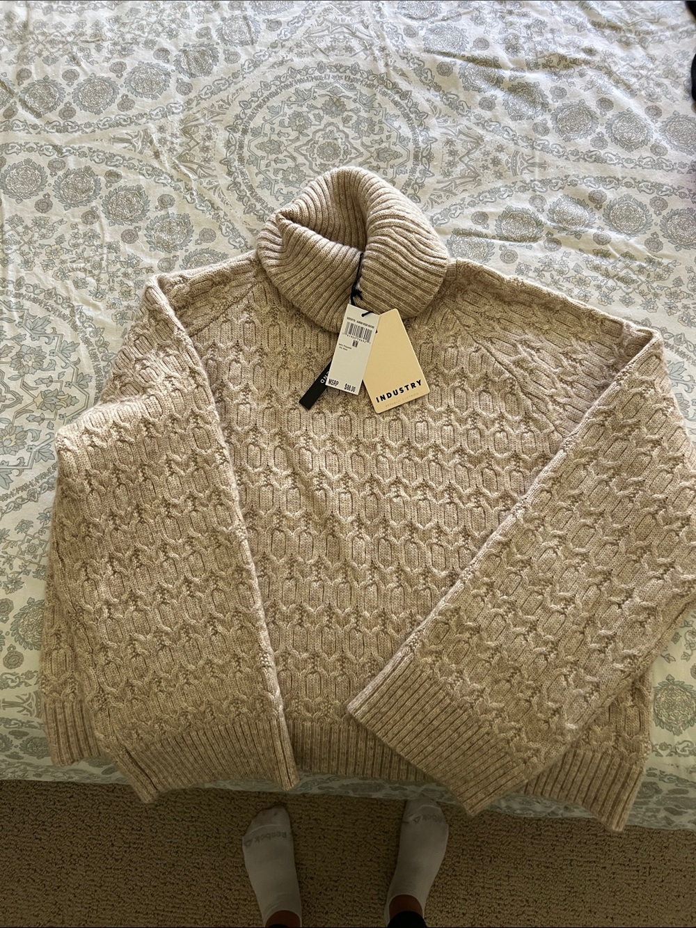 INDUSTRY Cable-Knit Tan Turtleneck Sweater